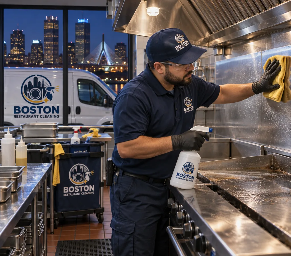 Night cleaning crew member detailing a stainless restaurant kitchen line