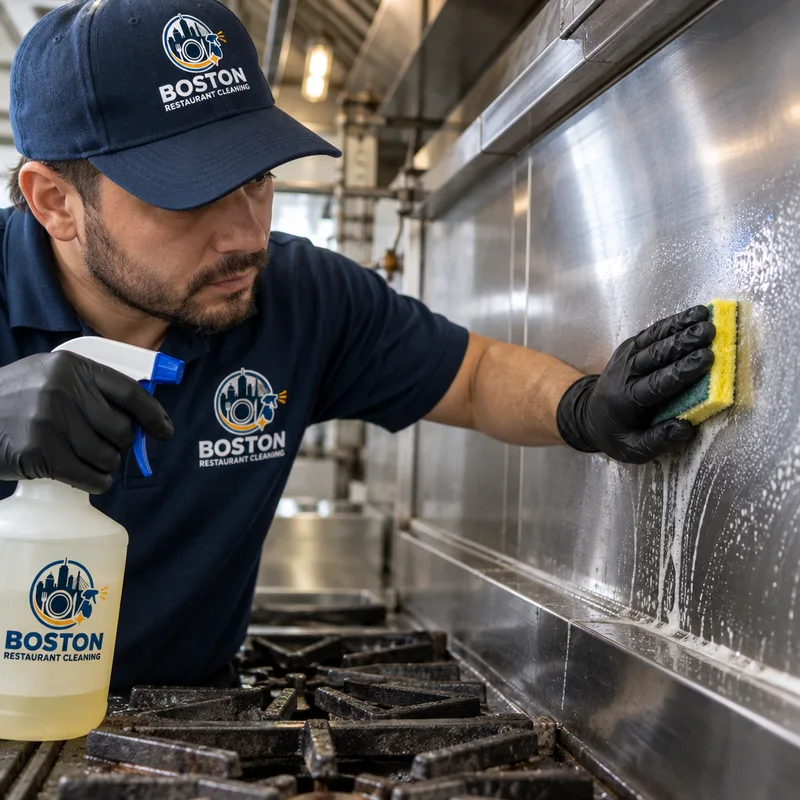 Degreasing a stainless backsplash and edge seams behind a restaurant range line