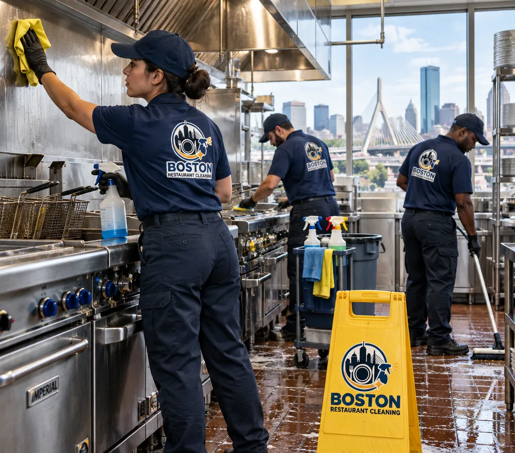 Commercial kitchen crew cleaning a Boston restaurant line, stainless surfaces, backsplash, and fryer-area floor