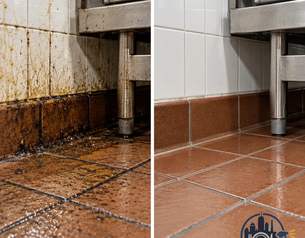 Before-and-after commercial kitchen floor corner and cove base with greasy buildup removed