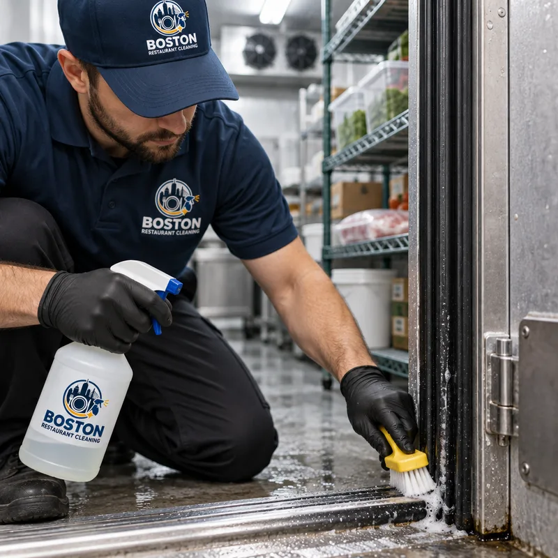 Walk-in cooler threshold and door gasket being detailed with brushes and food-safe cleaner
