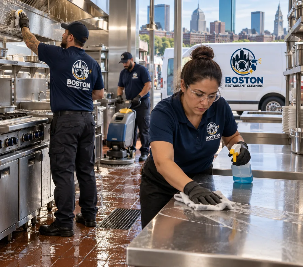 Professional crew deep cleaning stainless prep surfaces and equipment in a Boston commercial restaurant kitchen