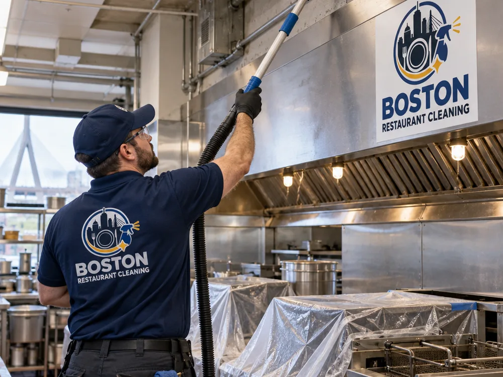 Technician high dusting overhead ledges and conduit above a protected commercial cookline