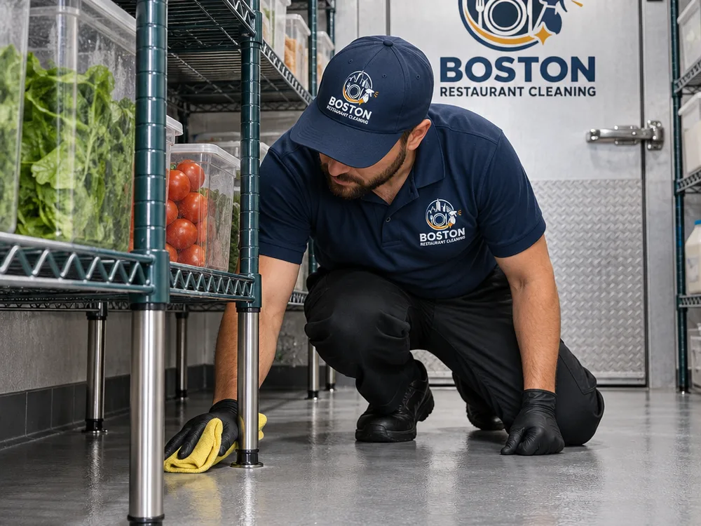 Clean walk-in cooler shelving legs and dry floor edges after detailed cleaning
