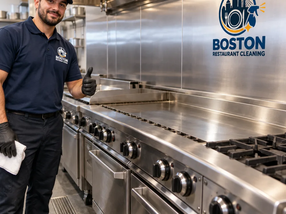 Clean stainless equipment fronts and lower cookline wall with a streak-free finish