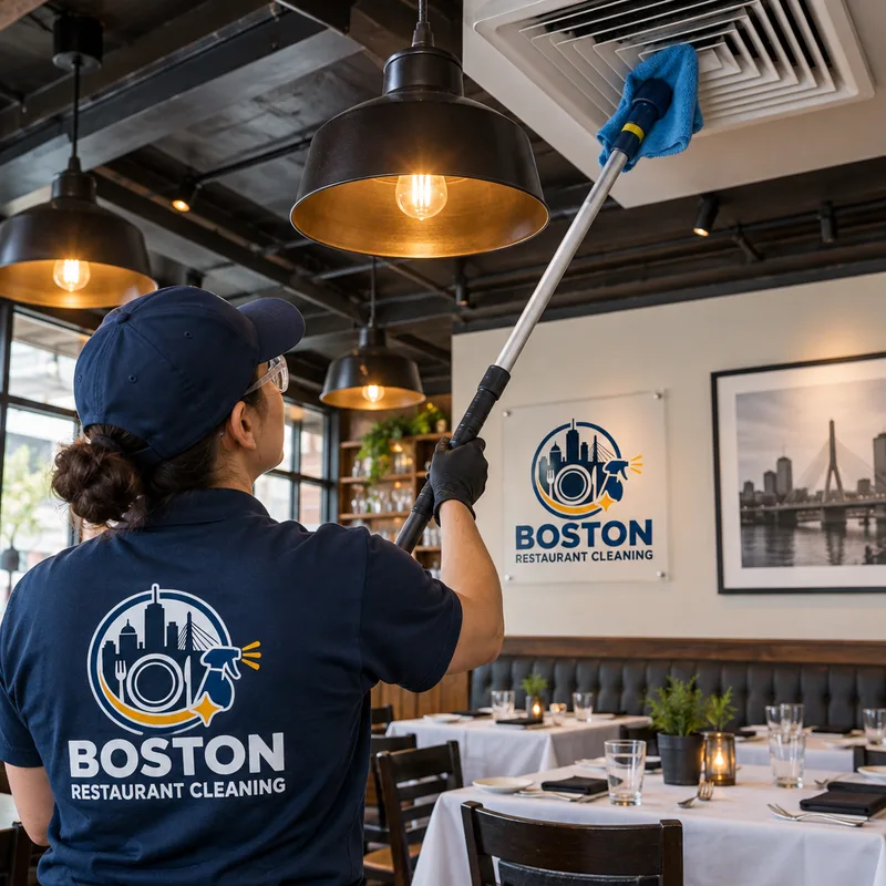 Cleaner high dusting a restaurant light fixture and HVAC vent with an extension pole and microfiber