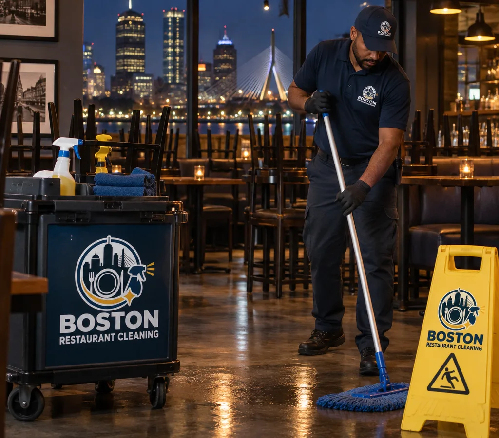After-hours commercial cleaner mopping a Boston restaurant dining room with chairs raised and caution signage visible
