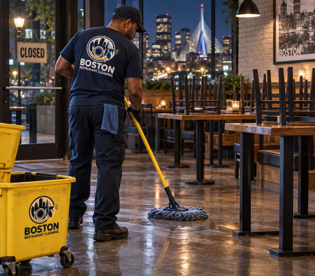 Night crew member mopping a clean restaurant dining room after close with chairs raised