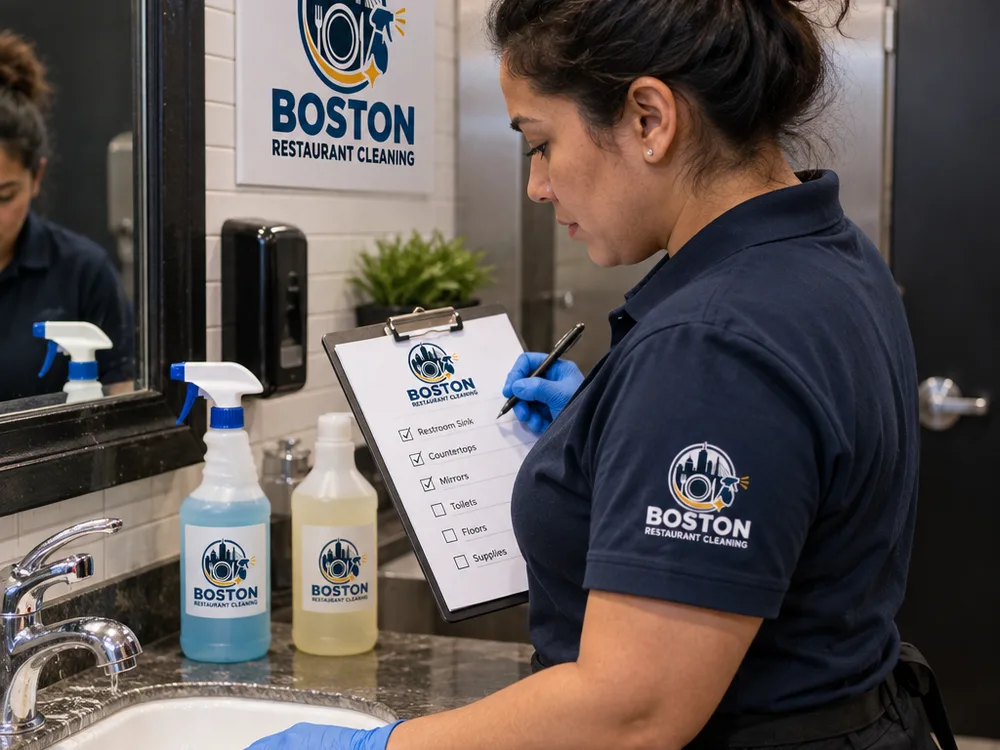 Cleaner using a printed nightly checklist while detailing a restaurant restroom after hours