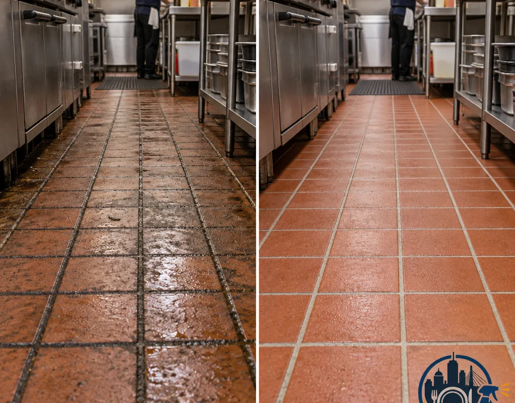 Before-and-after view of a quarry tile kitchen aisle with dark greasy grout before cleaning and brighter grout after degreasing and rinse recovery