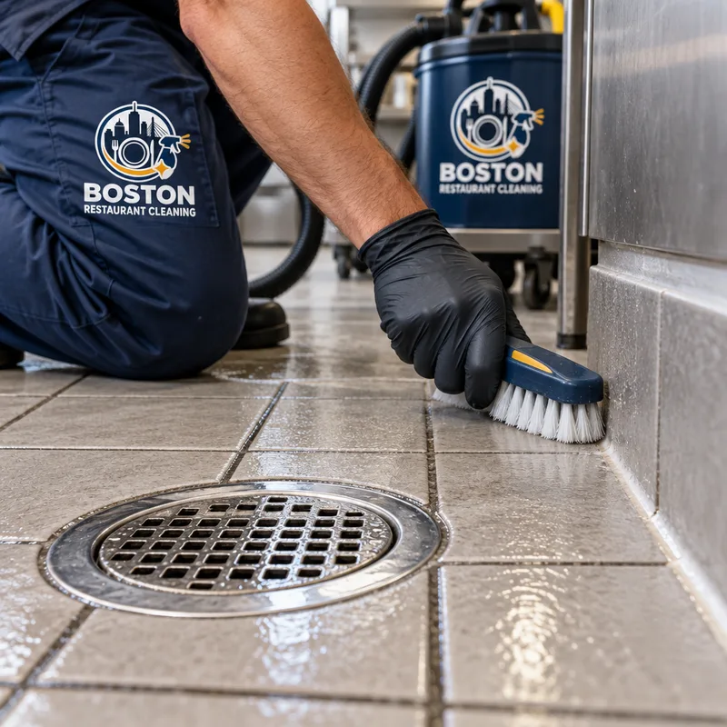 Close-up of cleaned grout around a commercial kitchen floor drain and cove base after hand detailing and extraction
