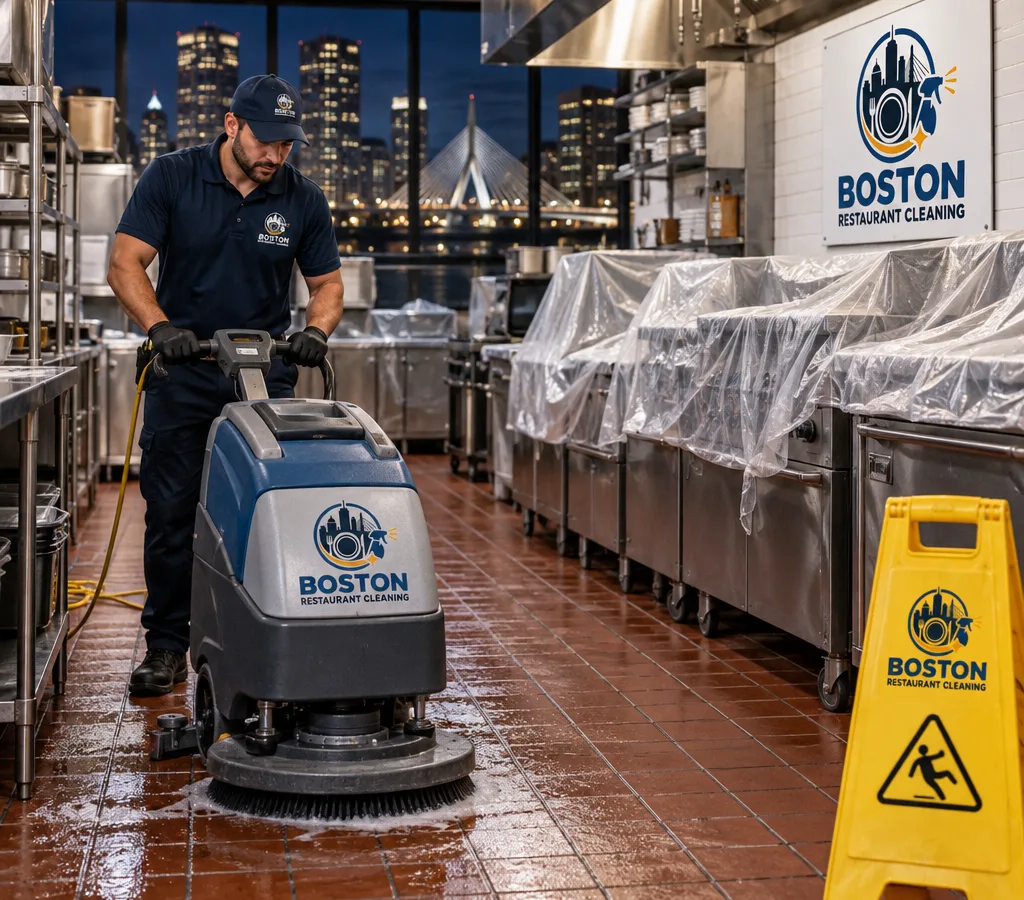 Technician using a rotary floor scrubber on quarry tile in an after-hours commercial kitchen with protected equipment and wet-floor signage