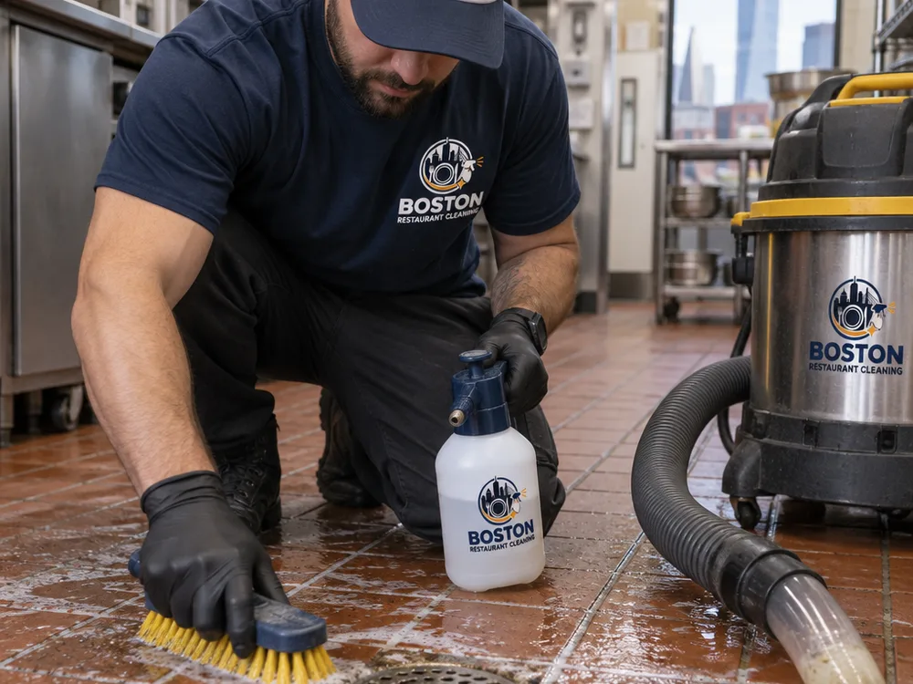 Technician degreasing quarry tile and grout near a commercial kitchen floor drain with a stiff-bristle brush and wet-vac recovery hose