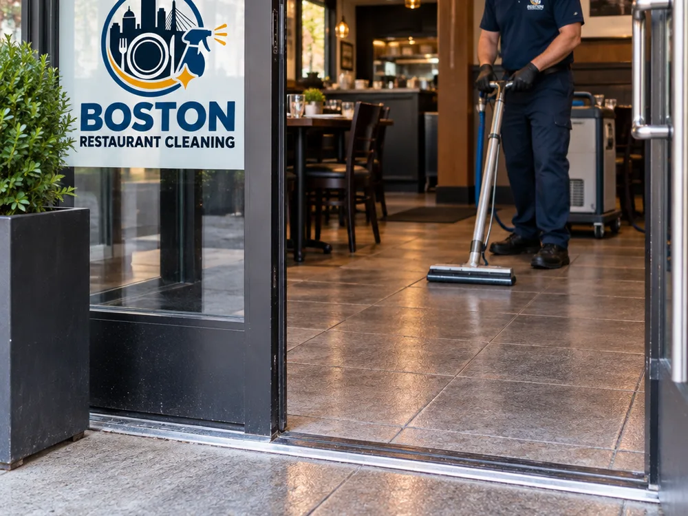 Clean restaurant entry tile with floor mats removed and tracked-in winter grit and sticky film cleared from the threshold
