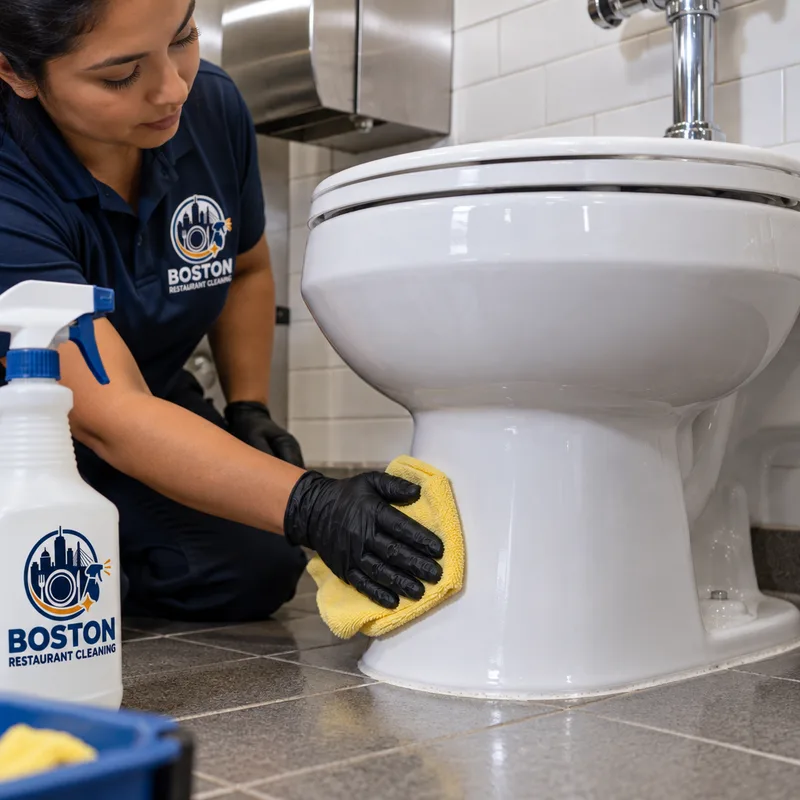 Clean toilet exterior and base with detailed grout lines and disinfected touchpoints