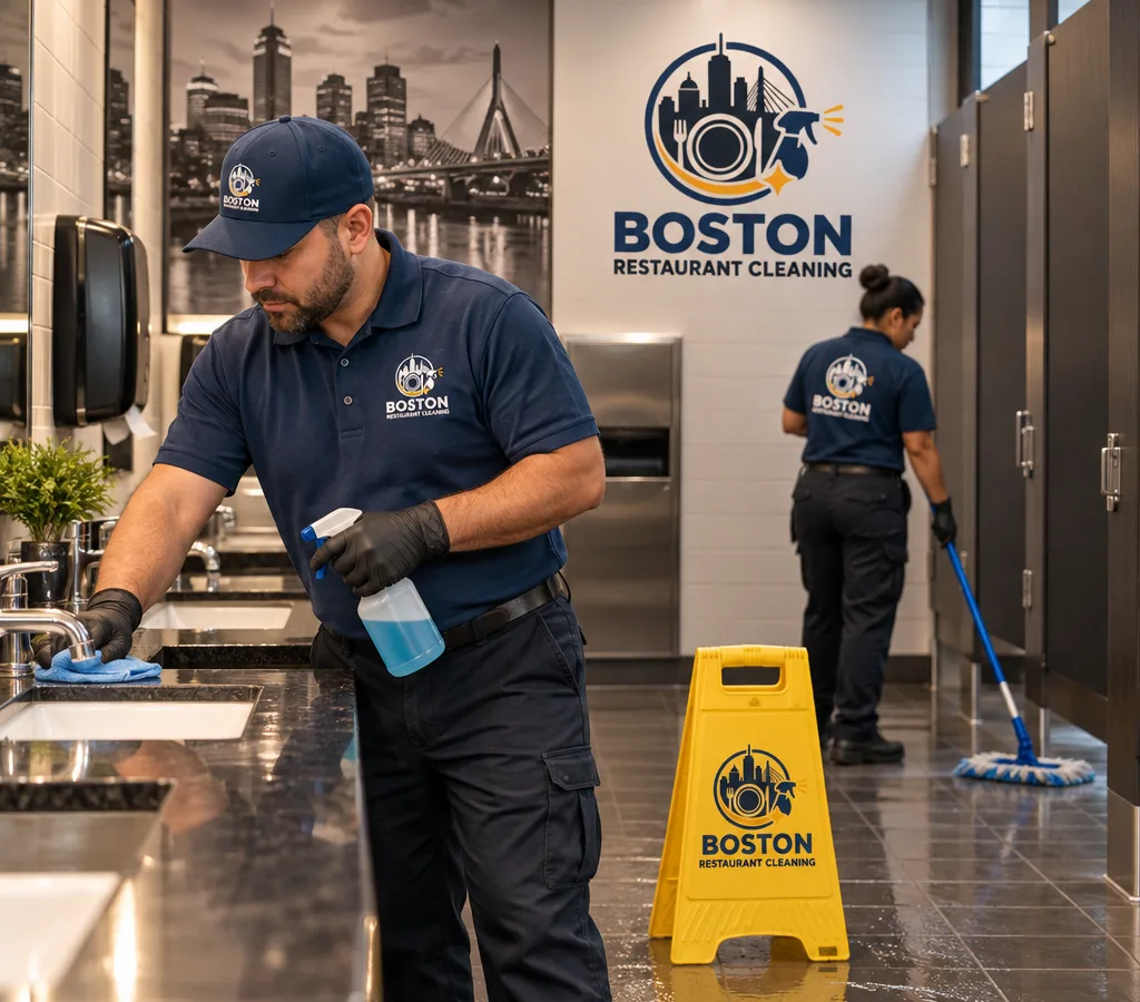 Professional cleaner disinfecting high-touch points and mopping a commercial restaurant restroom