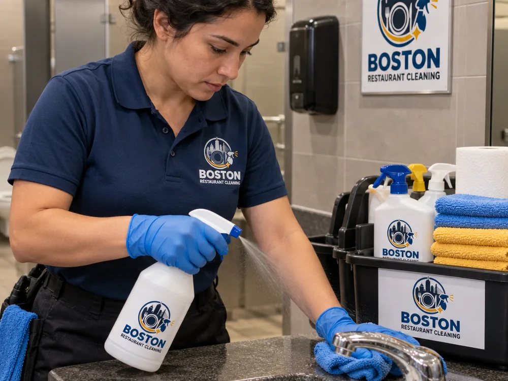 Gloved cleaner disinfecting a commercial restroom faucet with organized supplies nearby
