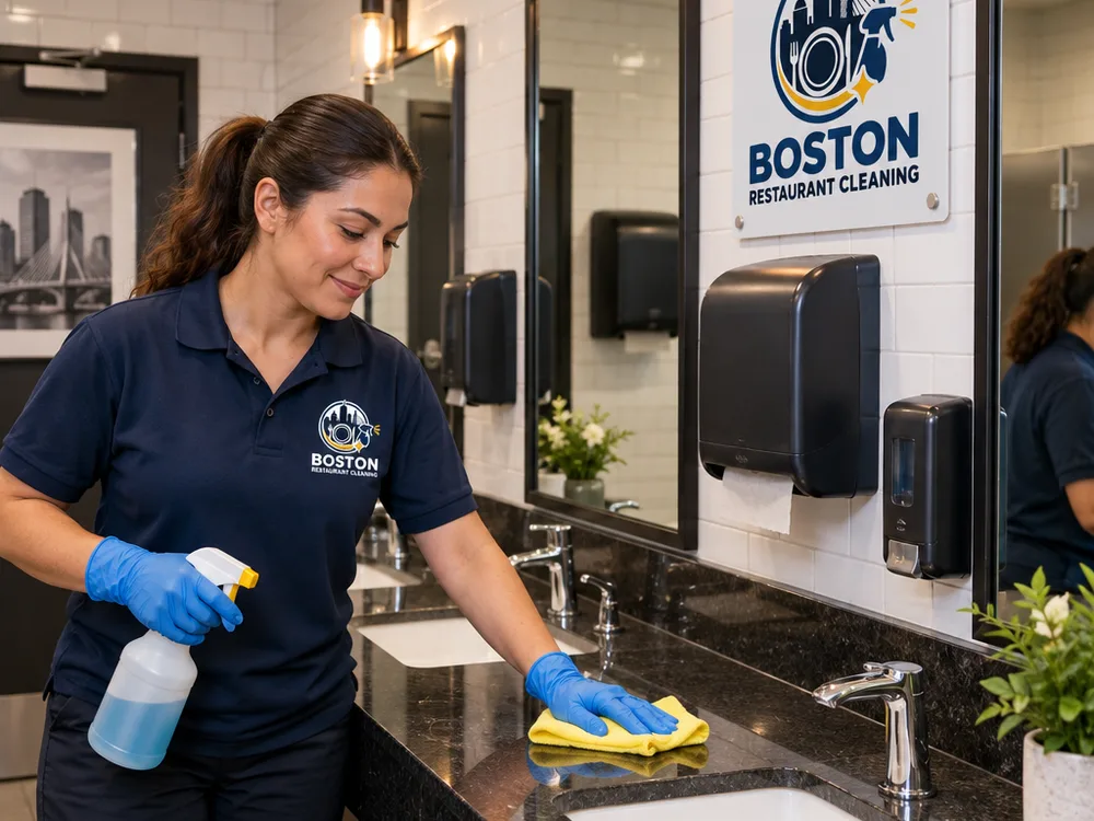 Clean restaurant restroom with streak-free mirrors, stocked dispensers, and spotless sinks