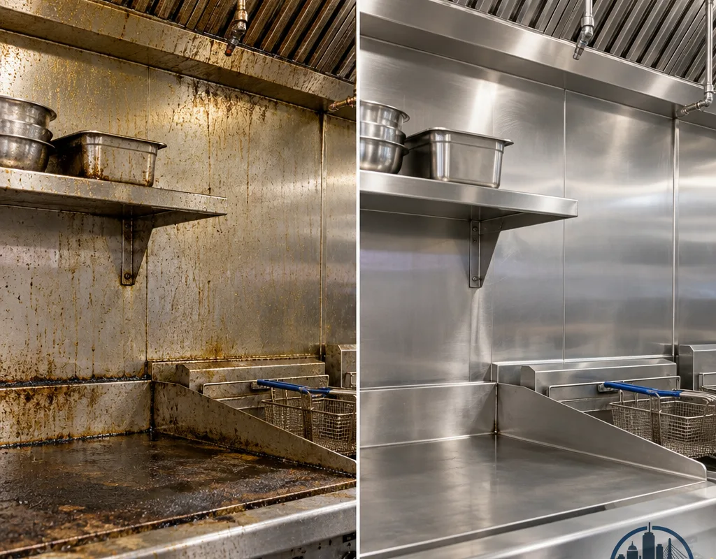 Before-and-after comparison of grease-covered and professionally cleaned cook-line walls and stainless surfaces