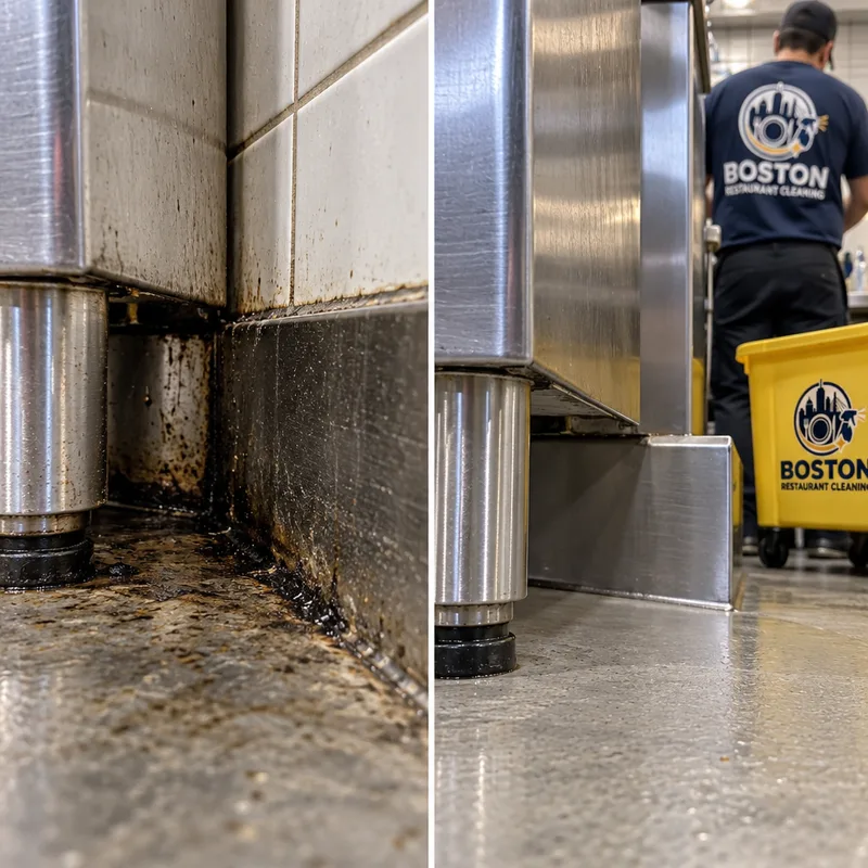Cleaned floor edge and corner behind kitchen equipment with grease removed from the baseboard and stainless lip
