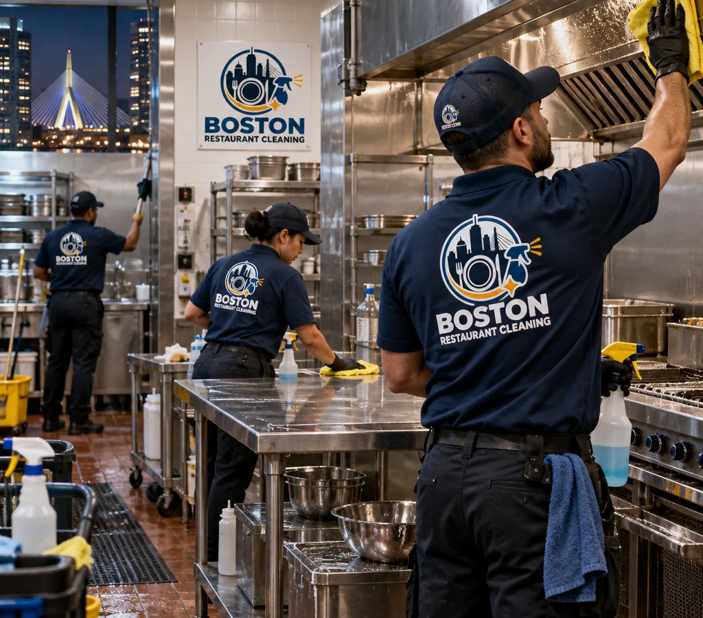 Night crew cleaning stainless prep tables, hood-line surfaces, and high wall areas inside a commercial kitchen