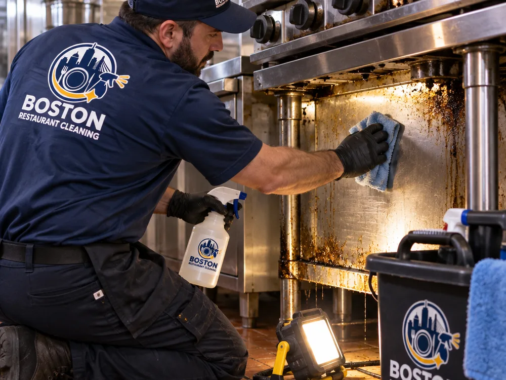 Cleaner detailing grease from the sides and undersides of a commercial range and the adjacent wall
