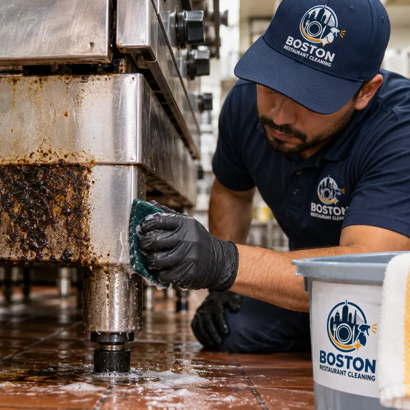 Technician scrubbing grease buildup from the underside and legs of a commercial restaurant range
