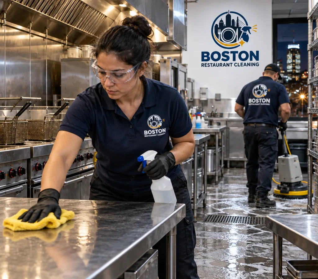 After-hours commercial kitchen cleaner wiping stainless prep tables while a restaurant floor is machine scrubbed