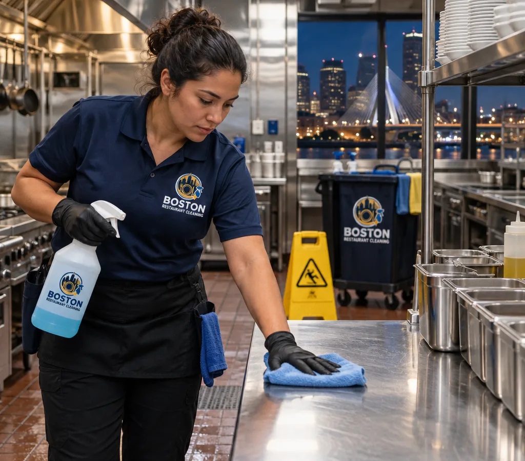 Cleaner sanitizing a stainless prep table after hours in a tidy restaurant kitchen with floor safety signage