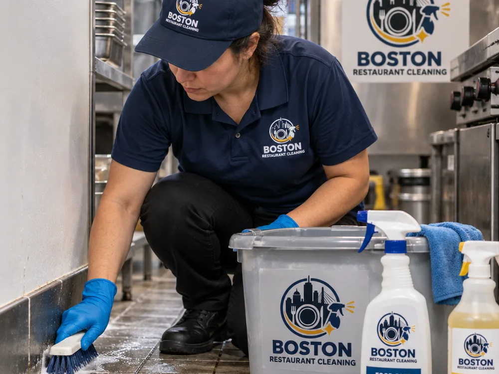 Cleaner hand-scrubbing grout along a commercial kitchen cove base with labeled food-safe products nearby