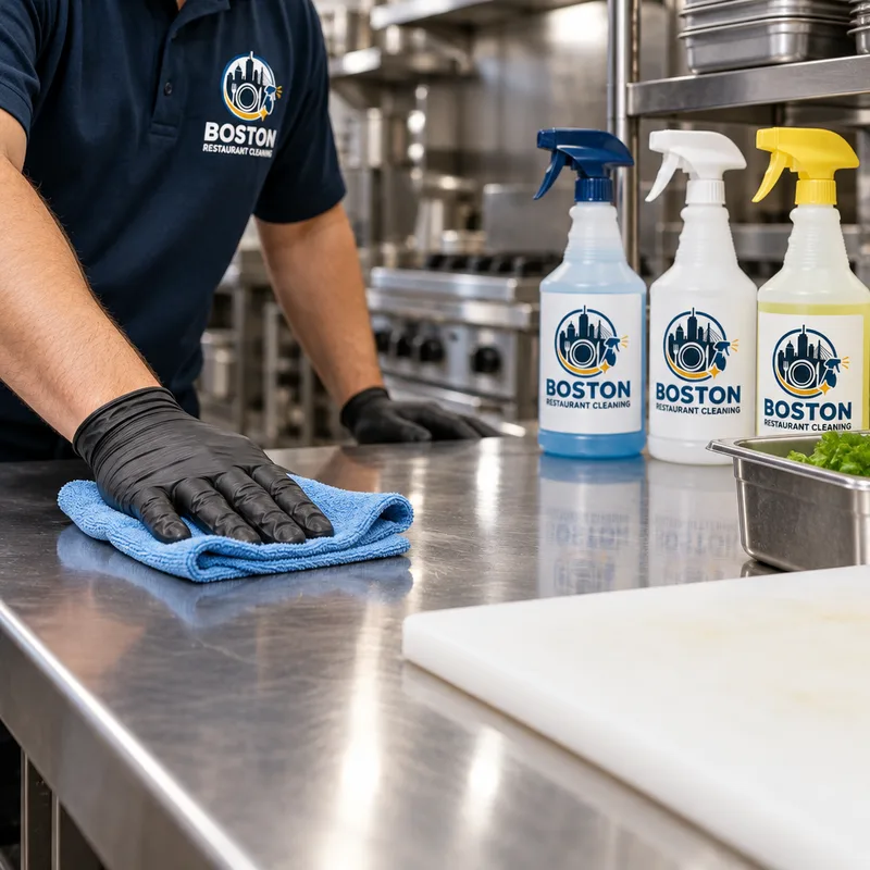 Clean stainless prep table and sanitized cutting surface with labeled cleaning bottles in the background