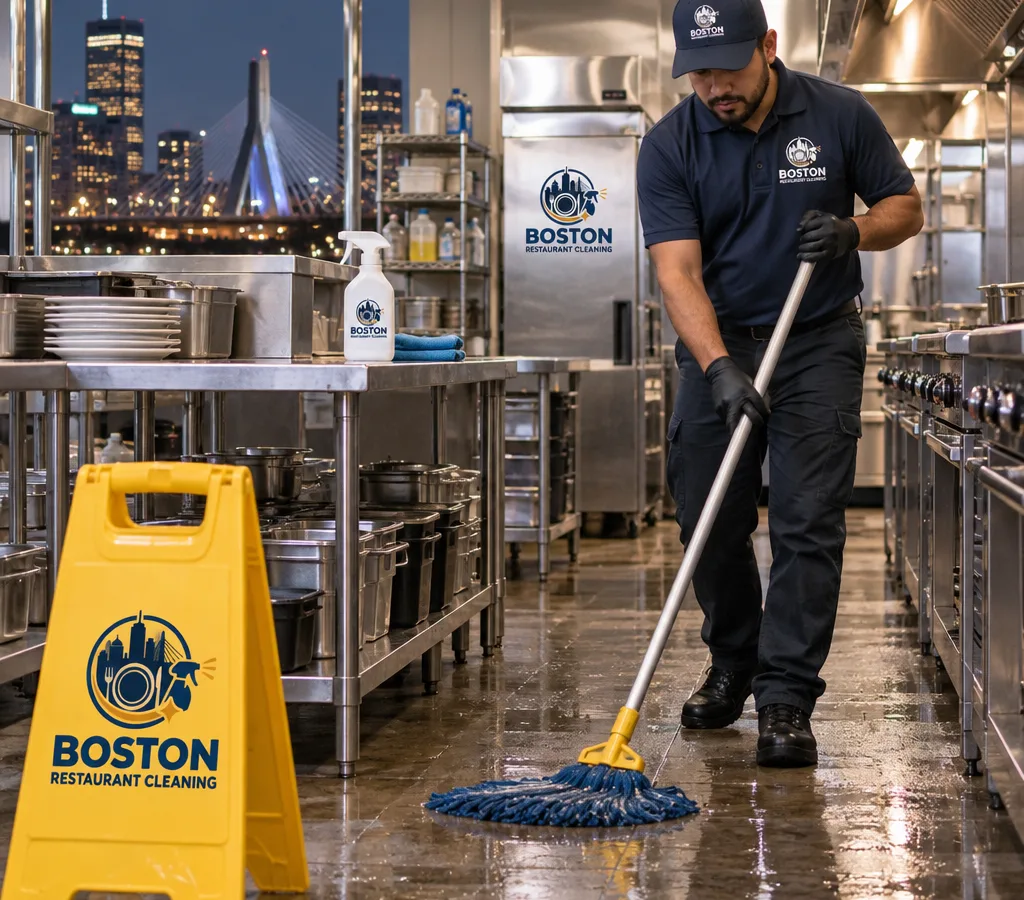 After-hours commercial cleaning technician mopping a restaurant kitchen beside stainless prep tables and wet-floor signage