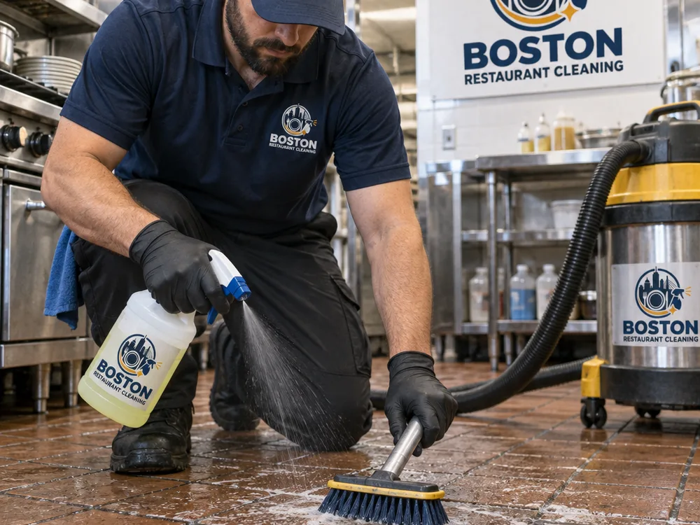Cleaner using commercial degreaser on kitchen tile and grout near a floor drain with a deck brush and wet vacuum staged nearby