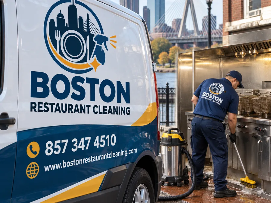Technician detailing a fryer-front floor and cove base with a deck brush and wet vacuum