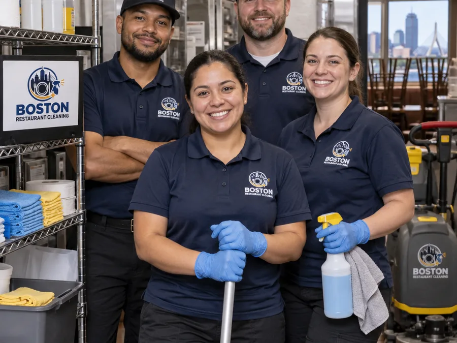 Uniformed commercial restaurant cleaning team beside organized supplies and floor equipment