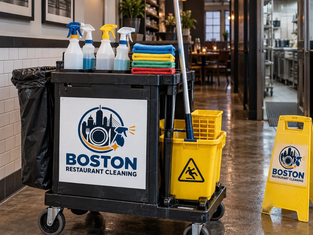 Commercial cleaning cart prepared for a post-close restaurant janitorial shift